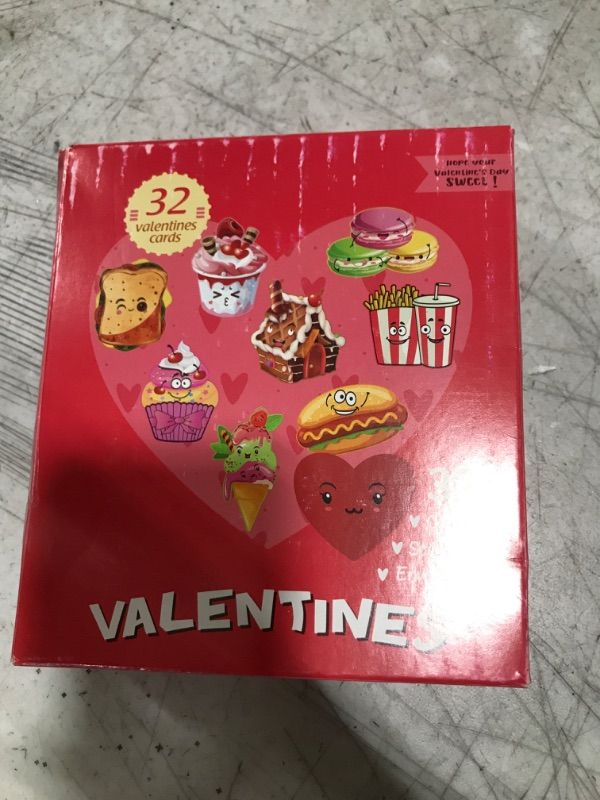 Photo 2 of 96Pcs Valentines Day Cards Set for Kids Classroom Exchange Includes 32 Pink Envelopes and 32 Stickers, Cards Feature Snack-Themed Graphics of French Fries, Hot Dogs, Ice Cream, Macaroons