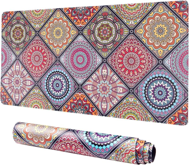 Photo 1 of Leather Large Desk Pad, Boho Bohemian Computer Mat for Desk, XXL Extended Desk Mat Colorful Gaming Thick Mouse Pad Office Desk Accessories for Women Desk Organizers (31.5" x 15.7")
