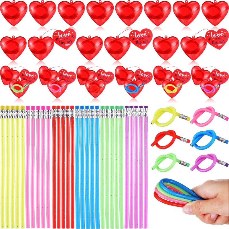 Photo 1 of 60 Pack Valentines Bendy Pencils Filled Red Heart Gifts Box with Valentines Day Cards Bulk Colorful Flexible Pencils for Kids Boy Girl School Classroom Game Rewards Prize Exchange Gifts
