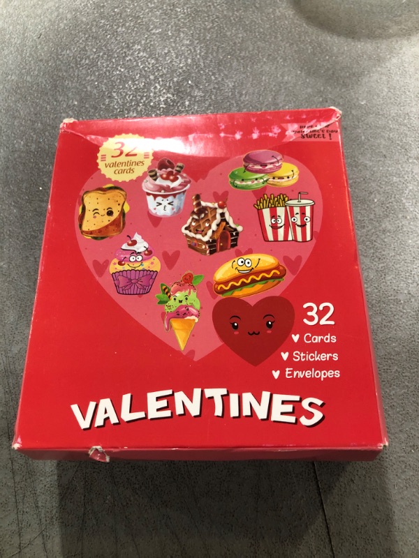 Photo 2 of 96Pcs Valentines Day Cards Set for Kids Classroom Exchange Includes 32 Pink Envelopes and 32 Stickers, Cards Feature Snack-Themed Graphics of French Fries, Hot Dogs, Ice Cream, Macaroons