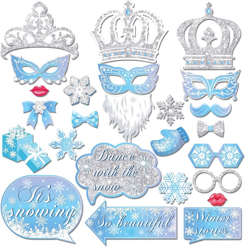 Photo 1 of 25Pcs Blue Snowflake Photo Booth Props with Stick, Winter Wonderland Patterns Party Decorations DIY Christmas Snow Theme Kids Birthday Party Favor for Boys Girls Selfie Cosplay Party Essentials 