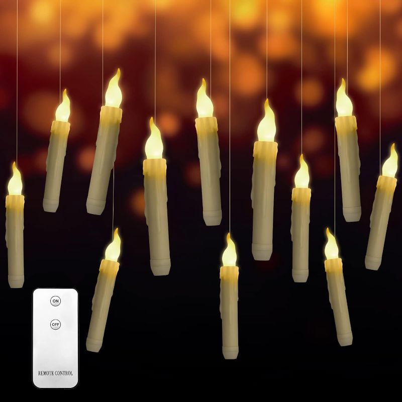 Photo 1 of 12 Pcs Christmas Decorations Floating Candles with Remote Control LED Flameless Candles Hanging Candlesticks Taper Candles with Hook Flickering Battery Operated for Indoor Home Halloween(Warm White) 