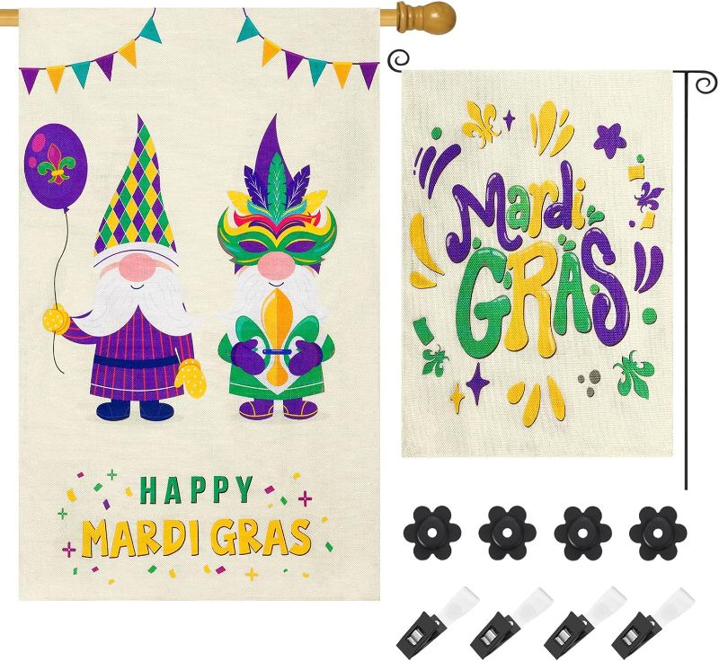 Photo 2 of 2 Packs Happy Mardi Gras Gnome Garden Flag,New Orleans Party Double Sided Hanging Garland with 8pcs Garden Flag Clips and Stoppers for Masquerade Home Outdoor Decor(40"X28",16"X14") Beige