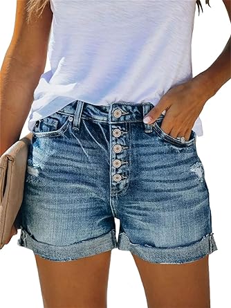 Photo 1 of Angerella Denim Shorts for Women Mid Rise Ripped Jean Shorts Stretchy Folded Hem Hot Short Jeans
