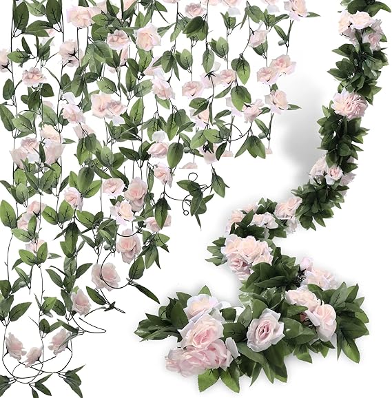 Photo 1 of 10 Pcs (80 ft) Fake Rose Vine Garland Plants Artificial Rose Vine Flowers Hanging Rose Ivy Garland Decorations Flower Vines for Wall Wedding Party Backdrop Garden (Light Pink)
