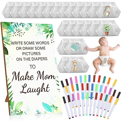 Photo 1 of 79 Pcs Baby Shower Games Diaper Design Games Include 1 Game Wooden Sign DIY to Make Mom Laugh Sign 30 Pure White Diapers 48 Colored Markers for Baby Shower Game Prizes Boy Girl
