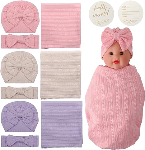 Photo 1 of 3 Set Newborn Swaddle Set, Soft Newborn Receiving Blanket Receiving Headband and Bow Hat with Wooden Birth Announcement Card Baby Swaddle Set Newborn for Girls Newborn Boys Essentials
