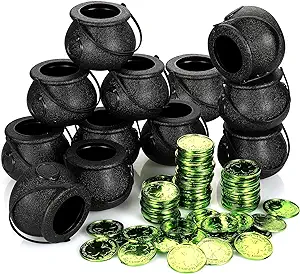 Photo 1 of 252 Pieces Saint Patrick's Day Mini Cauldron Shamrock Coins Kettles Party Decoration Candy Witches Cauldron Green Clover Plastic Coin for Wizard Party, St Patrick's Day Party Favors