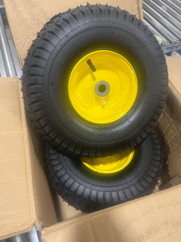 Photo 2 of 15x6.00-6nhs Lawn Mower Tires Flat Free, 2 Pcs 15x6-6 Tire and Wheel with 3/4" & 5/8" Precision Bearings -1" Bushings & 3" Offset Hub Compatible with John Deere Husqvarna Riding Mowers Lawn Tractors
