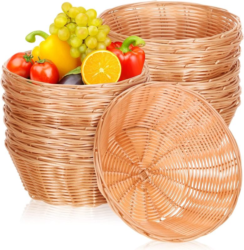 Photo 1 of 20 Pieces Woven Bread Baskets Plastic Round Basket 7 Inch Small Baskets for Gifts Empty Food Baskets for Serving Brown Food Storage Basket Woven Baskets for Fruits Vegetables Snacks Kitchen Restaurant 