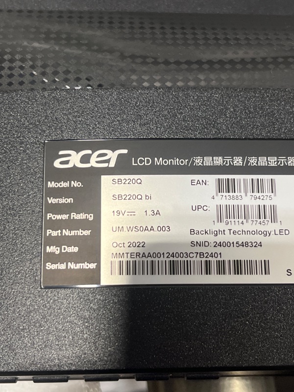 Photo 4 of Acer 21.5 Inch Full HD (1920 x 1080) IPS Ultra-Thin Zero Frame Computer Monitor (HDMI & VGA Port), SB220Q bi