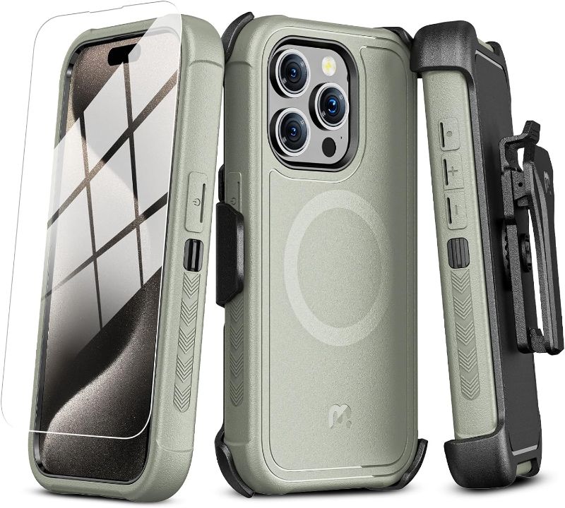 Photo 1 of MYBAT PRO Maverick Series iPhone 15 Pro Max Case with Belt Clip Holster, with Screen Protector,Anti-Drop,Shockproof,360°Rotating Kickstand,Heavy Duty Protection Natural Titanium
