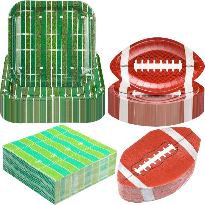 Photo 1 of 200 Pcs Football Party Supplies Football Plates and Napkins Kits Include 200 Football Napkins 200 Football Paper Plates Disposable Football Decorations for Sports Birthday Game Serve 200 Guests
