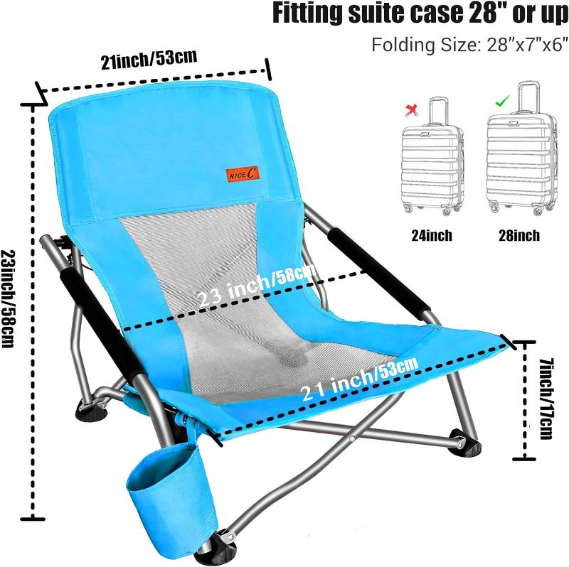 Photo 1 of Nice C Adults Low Beach Chair, Sling, Folding, Portable, Concert, Kids, Boat, Sand Chair with Cup Holder & Carry Bag (2 Pack of Blue)
