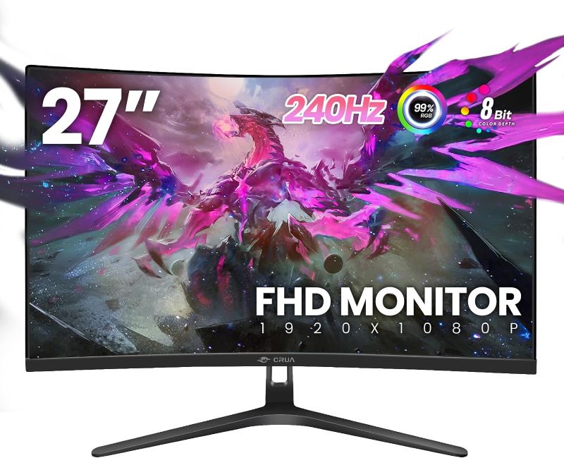 Photo 1 of CRUA 27 Inch Curved Gaming Monitor,Full HD(1920x1080P) VA Panel 1800R 240Hz Refresh Rate Computer Monitor with Blue Light Filter,for Gaming & Office(DP,HDMI) - Wall Mountable, Black