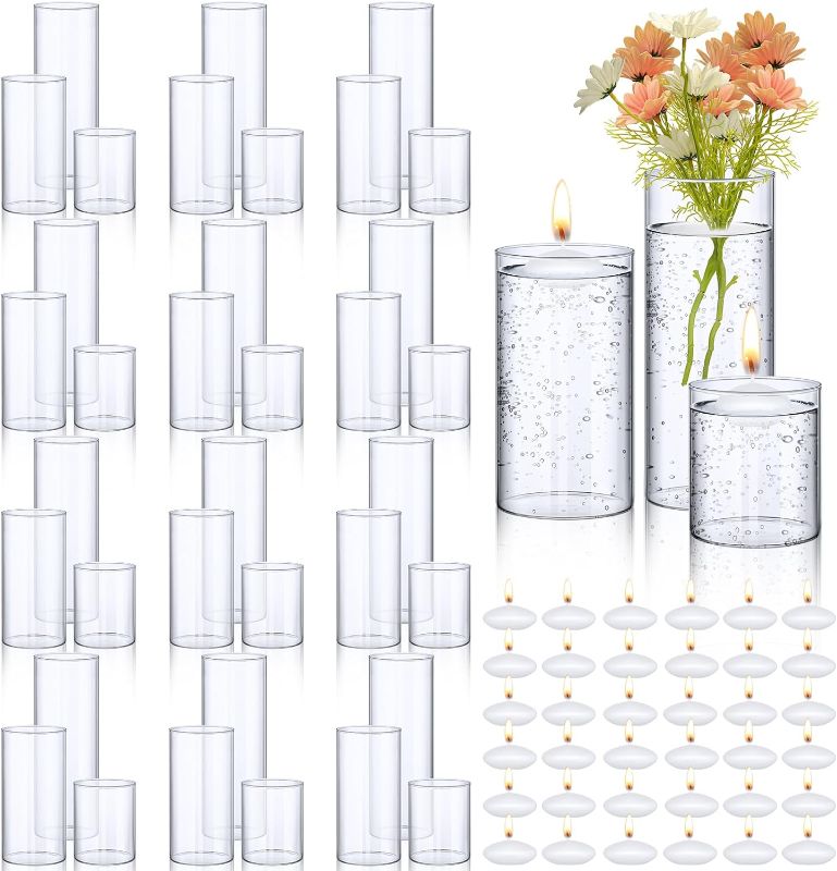 Photo 1 of 36 Pcs Clear Glass Cylinder Vase 36 Pcs Floating Candles Set Decorative Tall Clear Vase Glass Cylinder Candle Holder for Flowers Table Centerpieces Party Supplies Wedding Home Decor, 3 Size