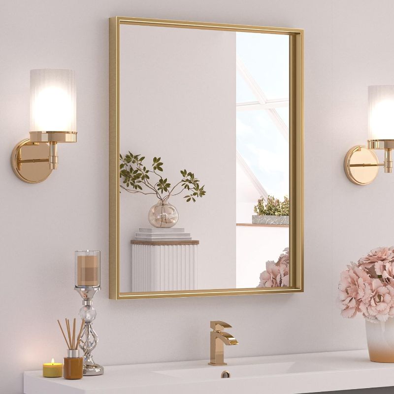 Photo 1 of TETOTE Brushed Gold Bathroom Mirror 16 x 24 Inch Rectangle Gold Framed Vanity Bathroom Mirror for Over Sink, Modern Farmhouse Rectangular Brass Metal Frame Wall Mirror, Bedroom (Horizontal/Vertical) 