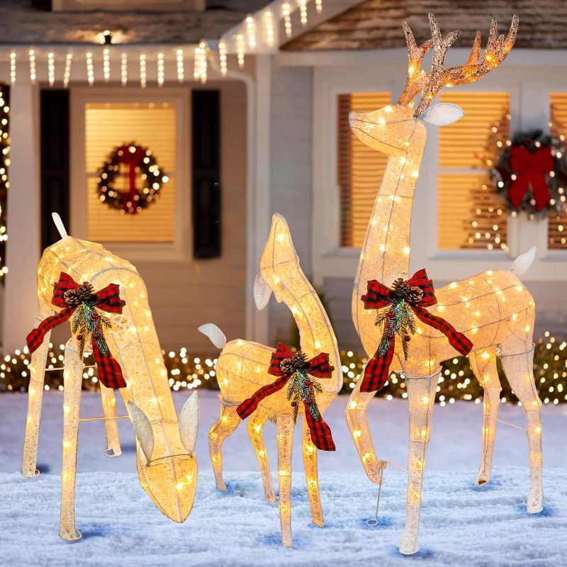 Photo 1 of Hourleey 3-Piece Pre-Lit Christmas Reindeer Family Set, 3D Plug in 170 Count Warm White Lighted Christmas Decoration Outdoor, Waterproof Christmas Deer Decor for Yard Patio Lawn Garden Party 