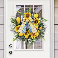 Photo 1 of FairyLee Spring Lemon Wreath for Front Door, 20In Artificial Summer Wreath with Ribbon Sunflower White Flowers Farmhouse Wreath for Front Door Wall Home Decor