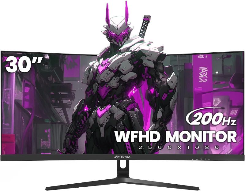 Photo 1 of CRUA 30" Curved Gaming Monitor, 144Hz/200Hz Ultrawide Computer Monitor, WFHD(2560 * 1080P) VA Screen,21:9,1500R,99% sRGB, PC Monitors Support FreeSync, with HDMI/DP, Support Wall Mount- Black
