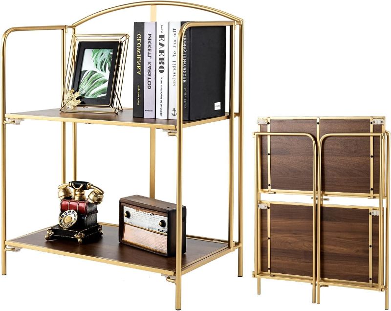 Photo 1 of Crofy No Assembly Folding Bookshelf for Living Room, 2 Tier Gold Collapsible Book Shelf for Home Office, Portable Bookcase Storage Organizer

