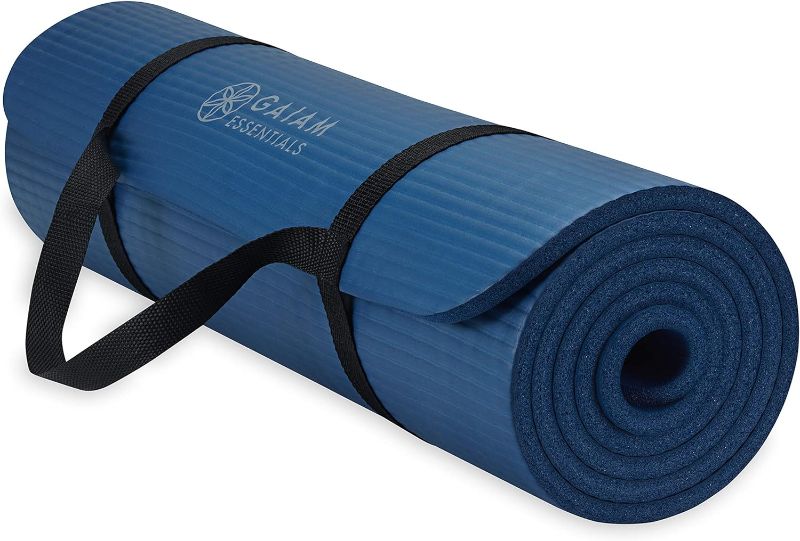 Photo 1 of Gaiam Essentials Thick Yoga Mat Fitness & Exercise Mat with Easy-Cinch Yoga Mat Carrier Strap, 72"L x 24"W x 2/5 Inch Thick
