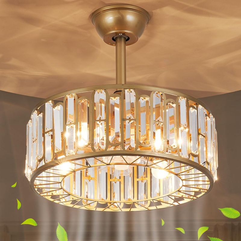 Photo 1 of 18" Crystal Caged Ceiling Fan with Lights and Remote, Modern Crystal Fandelier Gold Ceiling Fan with Light and Reversible Motor, Chandelier Ceiling Fan for Bedroom, Living Room, Dining Room Gold Crystal