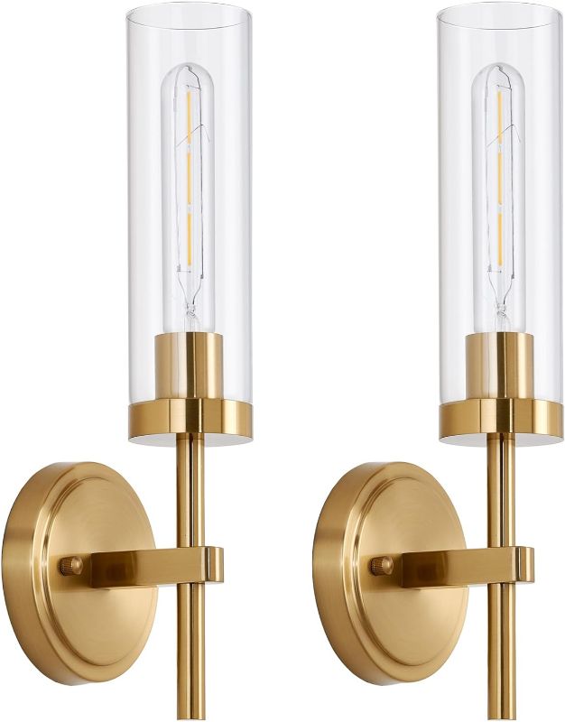 Photo 1 of SANTOSTOCK Gold Wall Sconces Set of 2, Modern Bathroom Sconces Wall Lighting Vanity Light Fixtures with Clear Glass, Brushed Brass Wall Mount Lights for Living Room Corridor Mirror Bedroom Stairs
