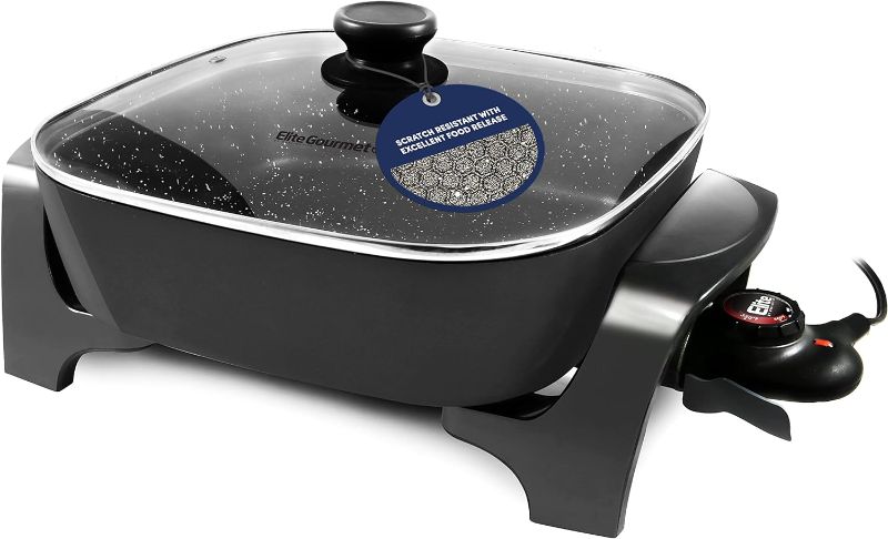 Photo 1 of Elite Gourmet EG6201 Extra Deep 12"x12"x3.2" (7.5Qt.) Scratch Resistant Dishwasher Safe, Non-stick Electric Skillet with Glass Vented Lid, Adjustable Temperature, Black
