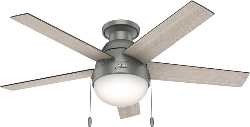 Photo 1 of Hunter Fan Company, 59270, 46 inch Anslee Matte Silver Low Profile Ceiling Fan with LED Light Kit and Pull Chain Matte Silver finish