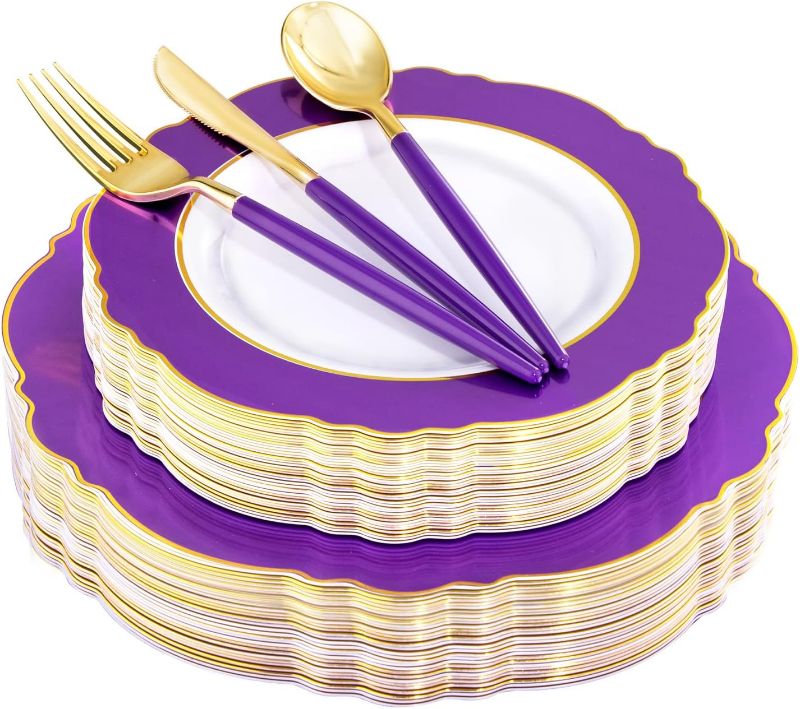 Photo 1 of  WDF 30Guest Purple Plastic Plates with Gold Rim & Disposable Gold Plastic Silverware With Purple Handle - Baroque Purple Party Plates for Upscale Wedding &Parties 