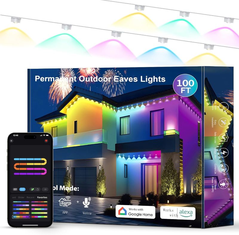 Photo 1 of Permanent Outdoor Lights 100ft with 72 Dual-LED RGB and Warm Cold White Eave Lights, 75 Scene Modes House Lights Outdoor for All Holiday, IP67 Waterproof Work with Alexa, Google Assistant (100FT) 