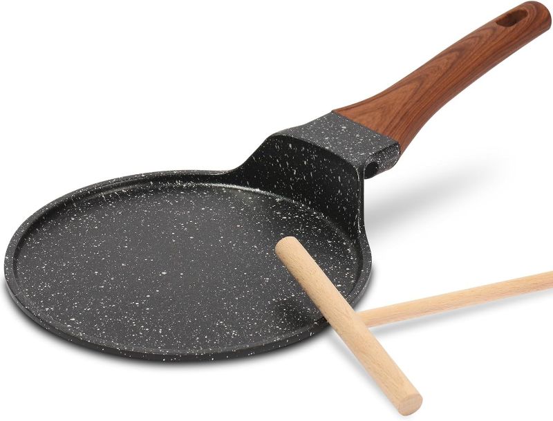 Photo 1 of  ESLITE LIFE Nonstick Crepe Pan with Spreader, 8 Inch Granite Coating Flat Skillet Tawa Dosa Tortilla Pan, Compatible with All Stovetops (Gas, Electric & Induction), PFOA Free, Black 
