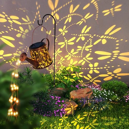 Photo 1 of  Solar Watering Can Outdoor Lights Garden Decor,Dragonfly Hanging Lantern Waterproof Landscape Lights Outside Decoration for Yard Porch Patio Pathway Gardening Gifts(with 32 inch Shepherd Hook) 