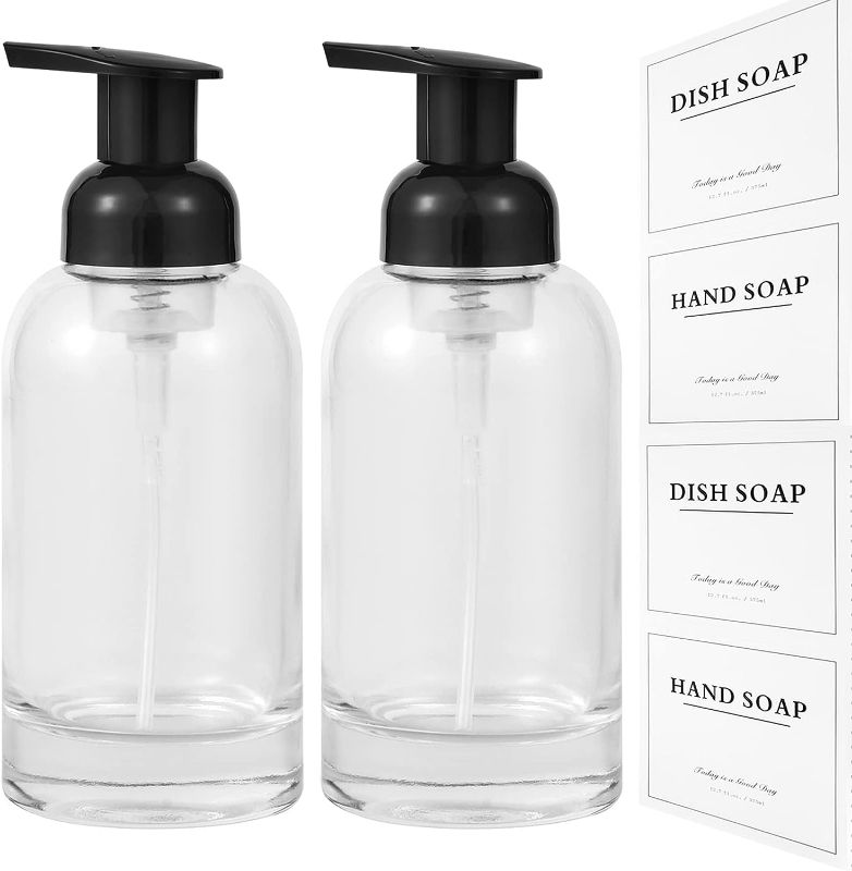 Photo 1 of  rejomiik Foaming Soap Dispenser Thick Glass Foam for Bathroom or Kitchen Sink, 12.7 oz Clear Pump Bottles for Hand soap, Body Wash, Black 2 Pack 