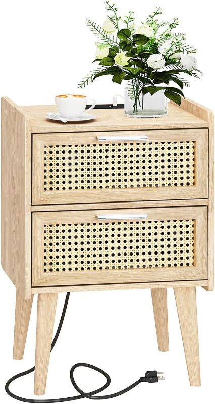 Photo 1 of  HHETOGOL Rattan Nightstand with Charging Station & 2 Rattan-Like Decor Drawers,Small End Table with Solid Wood Feet for Small Bedroom, Living Room, TTBZ02YE 