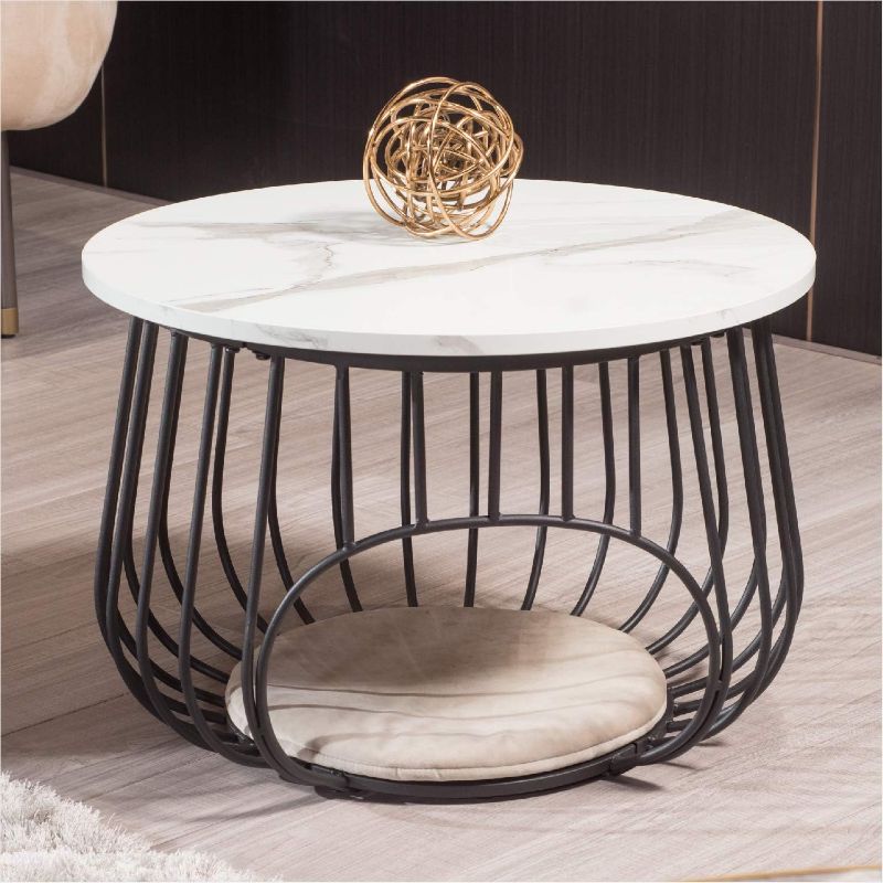 Photo 1 of  MDF round coffee table MDF Marble, side table with open nest for salon, terrace, balcony, round coffee table (white and black frame) 