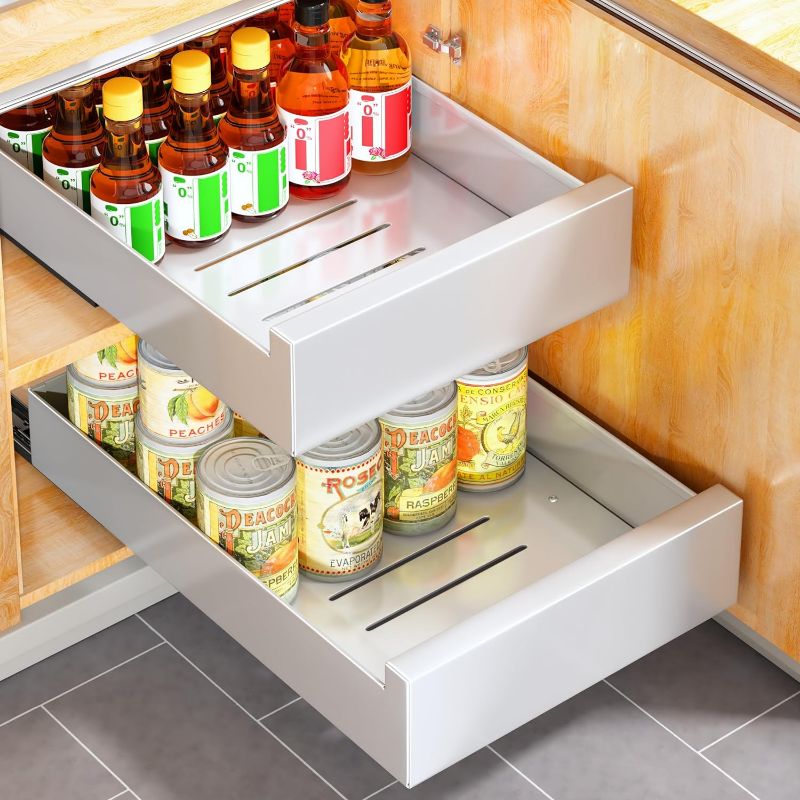 Photo 1 of Pull Out Cabinet Organizer Fixed With Adhesive Nano Film,Heavy Duty Storage and Organization Slide Out Pantry Shelves Sliding Drawer Pantry Shelf for Kitchen 13.8"W x 16.9"D x 3.1"H 
