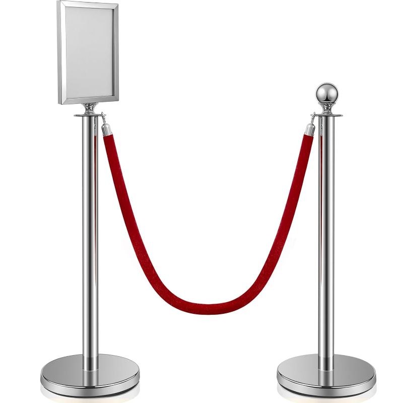 Photo 1 of Ferraycle 2 Stainless Steel Crowd Control Stanchion and Velvet Ropes 5 ft Red Carpet Ropes and Poles Hollow Base Crowd Control Barriers Red Velvet Ropes and Posts with Stanchion Sign Holder (Silver)
