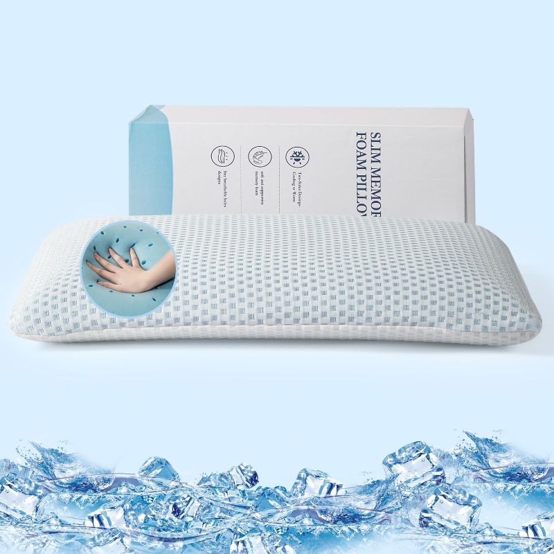 Photo 1 of  Ultra Thin Pillow 3.25" H Gel Memory Foam Flat Pillow for Stomach and Back Sleepers, Cooling Two-Sided Low Profile Bed Pillow for Stomach Sleeping, Slim Design for Cervical Neck Alignment and Support 