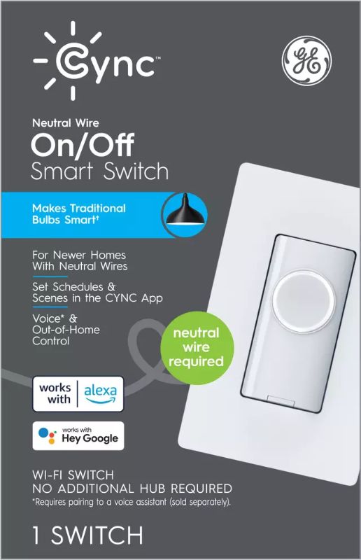 Photo 1 of GE CYNC Smart Light Switch On/Off Button Style, Neutral Wire Required, Bluetooth and 2.4 GHz Wi-Fi 4-Wire Switch, Works with Alexa and Google Home (1 Pack)