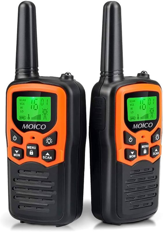 Photo 1 of  Walkie Talkies, MOICO Long Range Walkie Talkies for Adults with 22 FRS Channels, Family Walkie Talkie with LED Flashlight VOX LCD Display for Hiking Camping Trip (Orange 2 Pack) 