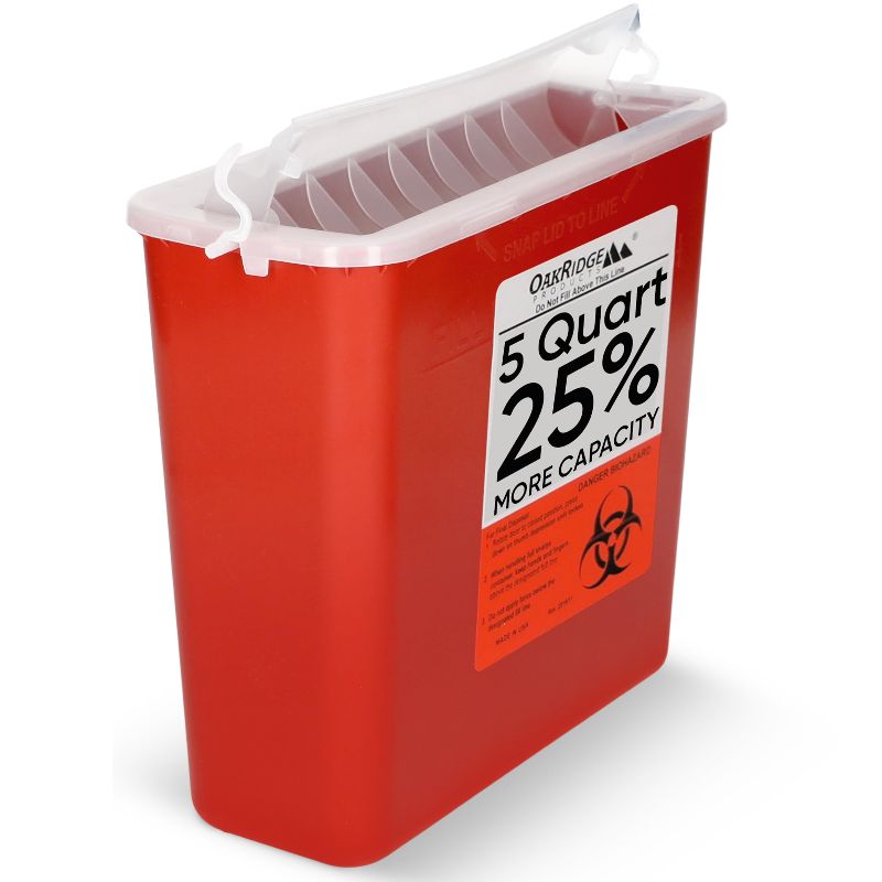 Photo 1 of  Oakridge Products Sharps Container for Home Use and Professional 5 Quart (1-Pack), Biohazard Needle and Syringe Disposal, Horizontal Drop Style Lid with levers, CDC Certified 