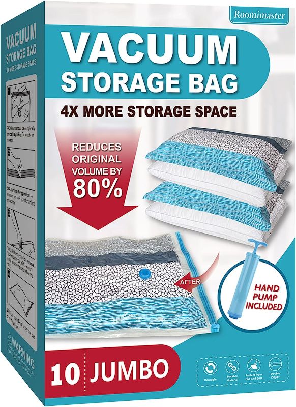 Photo 1 of  Vacuum Storage Bags, 10 Jumbo Space Saver Bags Vacuum Seal Bags with Pump, Space Bags, Vacuum Sealer Bags for Clothes, Comforters, Blankets, Bedding 