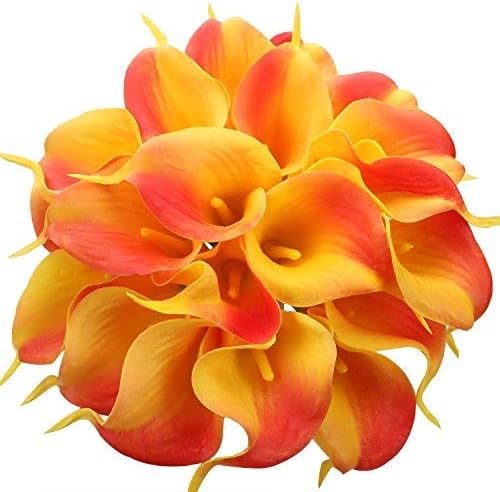 Photo 1 of  Floral Kingdom 20PCS Real Touch PU Latex Artificial Calla Lily Flowers for Wedding Bouquets, centerpieces, and Floral Decor (Yellow-Orange) 