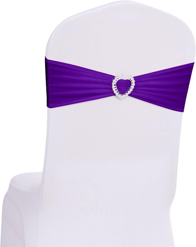 Photo 1 of  Howhic Pack of 60 Spandex Chair Sashes Bows Stretch Chair Cover Band with Buckle Slider Universal Elastic Chair Ties for Wedding Banquet Party Event Decoration (Purple) 