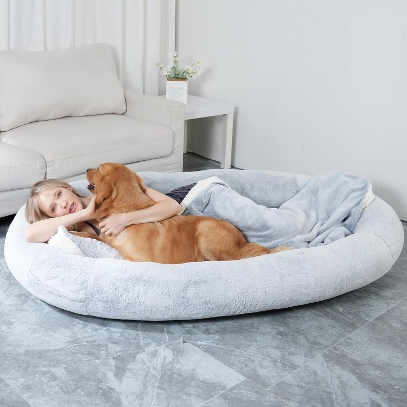 Photo 1 of HEPEENG Human Dog Bed for Adults People and Pets Washable Faux Fur Nap Bed Adult Oval Removable Large Memory Foam Human Sized Dog Bed with Soft Blanket and Pillow 