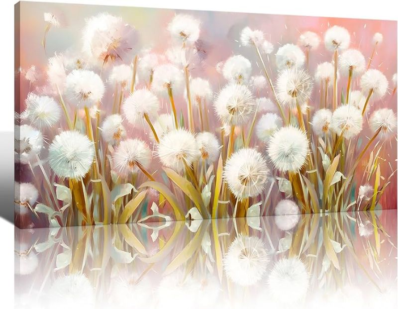 Photo 1 of KLAKLA Dandelion Living Room Wall Decor - Bright and Vivid Colors - Sweet Atmosphere & 48x24 Pink Botanical Bedroom Picture Decorative Frame Wall Decor