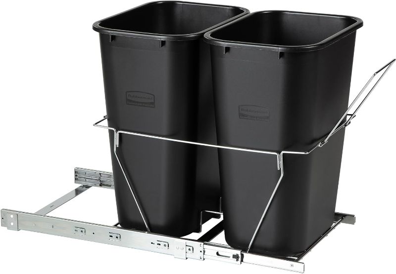 Photo 1 of Rubbermaid Kitchen Cabinet Pull-Out Trash Can and Recycling Bin, 20-Gallons, Under Sink Trash/Recycling, Black
