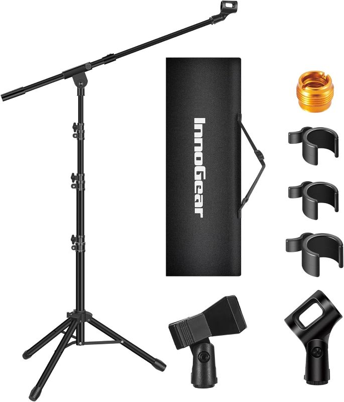 Photo 1 of InnoGear Microphone Stand, Tripod Boom Arm Floor Mic Stand Height Adjustable Heavy Duty with Carrying Bag 2 Mic Clips 3/8" to 5/8" Adapter for Singing Podcast for Blue Yeti Shure SM58 SM48 Samson Q2U
